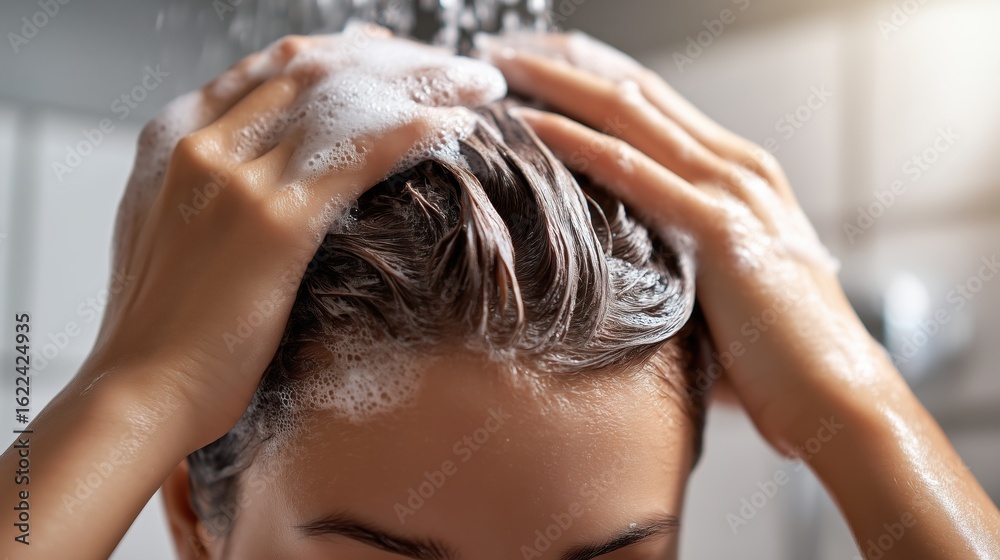 Naklejka premium Washing hair in the shower with attention to cleanliness and hair care techniques