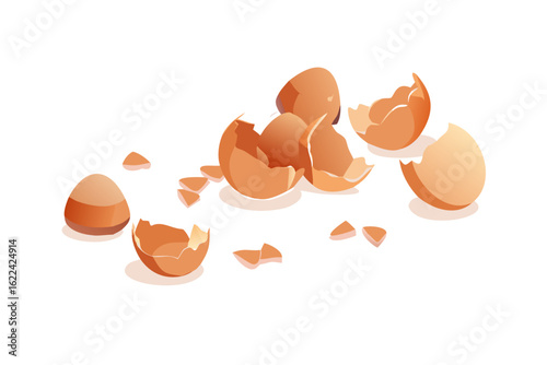 Broken egg shells scattered on a transparent background