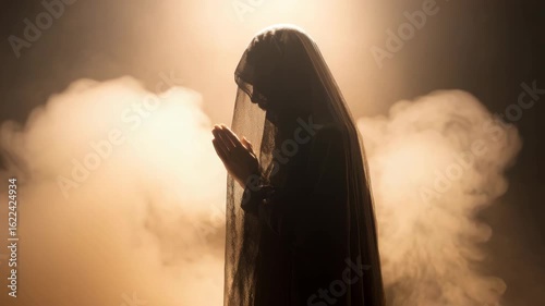 Mysterious Figure in Shadow Praying in Smoke Filled Room, Silhouette of Faith