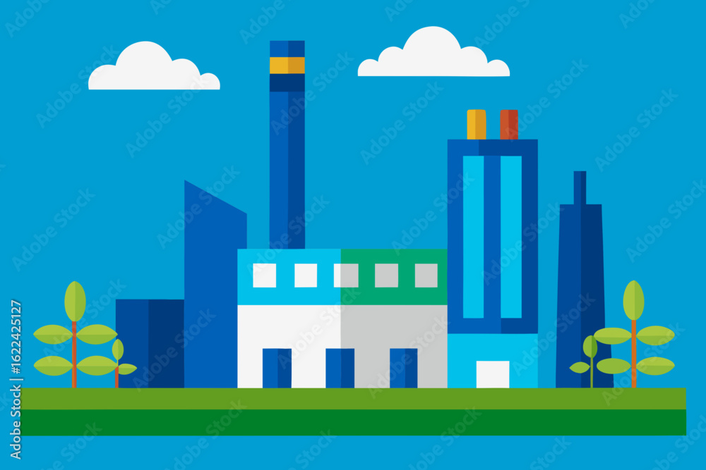 Fototapeta premium Modern industrial factory building with smokestack and surrounding greenery