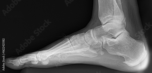 X-ray of a foot with a clear example of a calcaneal spur on the heel