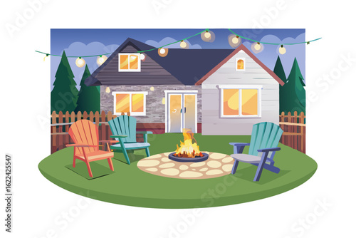 Cozy backyard scene with a fire pit and adirondack chairs under string lights