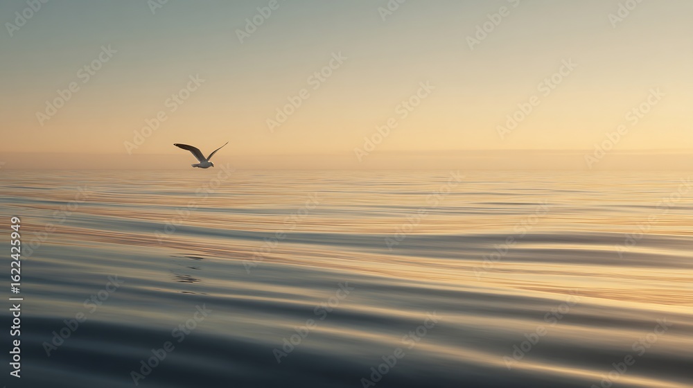 Lone seagull gliding over calm ocean surface golden hour peaceful coastal bird moment with wide perspective Lone seagull gliding over calm ocean surface golden hour peaceful coastal bird moment with wide perspective