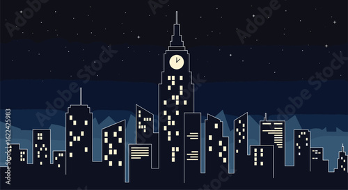 Pixelated nighttime cityscape with a tall tower illuminated against the starry sky