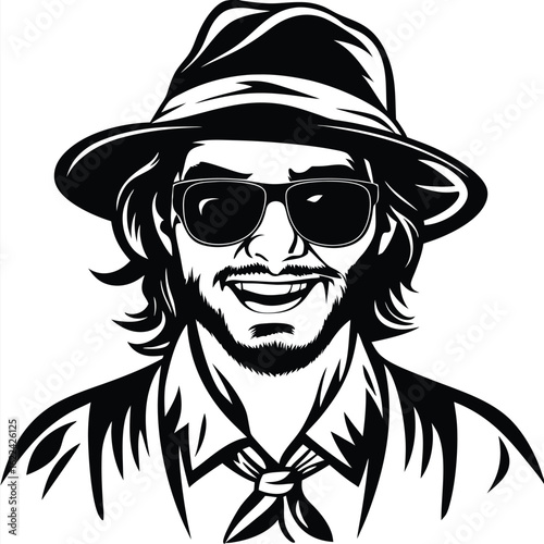 Smiling man with sunglasses and fedora hat, wearing shirt and tied scarf looks happy