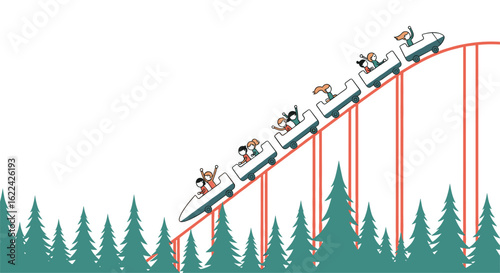 Thrilling roller coaster ride through lush green forests on a sunny day