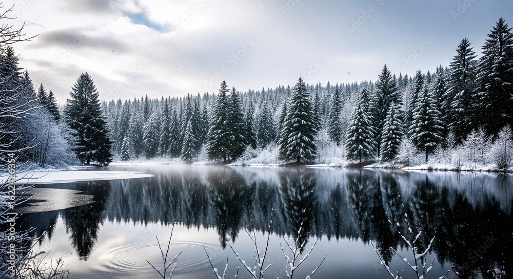 Obraz premium Serene winter forest reflection on calm water