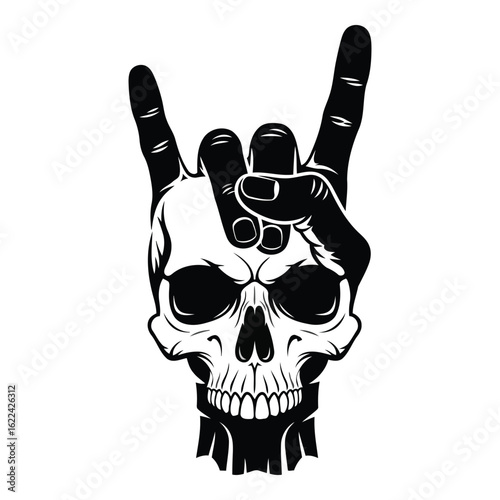 Vector art of skull with rock and roll hand gesture isolated on white background