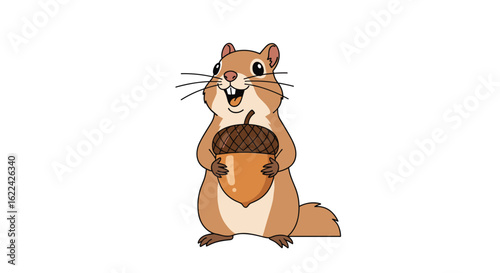 A cheerful chipmunk holds a large acorn in its paws amidst a white background