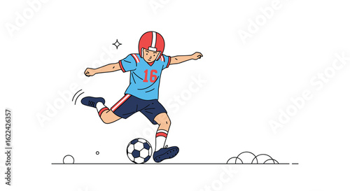 Young soccer player kicking ball during game action on a field under sunlight