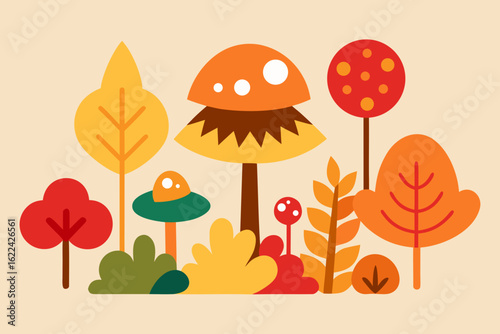 Whimsical autumn forest scene with stylized trees and mushrooms