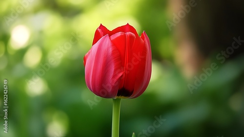 Elegant vibrant red tulip flower in full bloom against a dreamy green background
