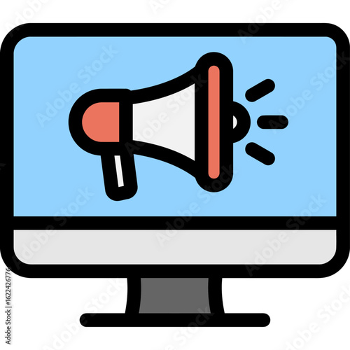 Computer monitor displaying a megaphone icon, representing online marketing or announcements.