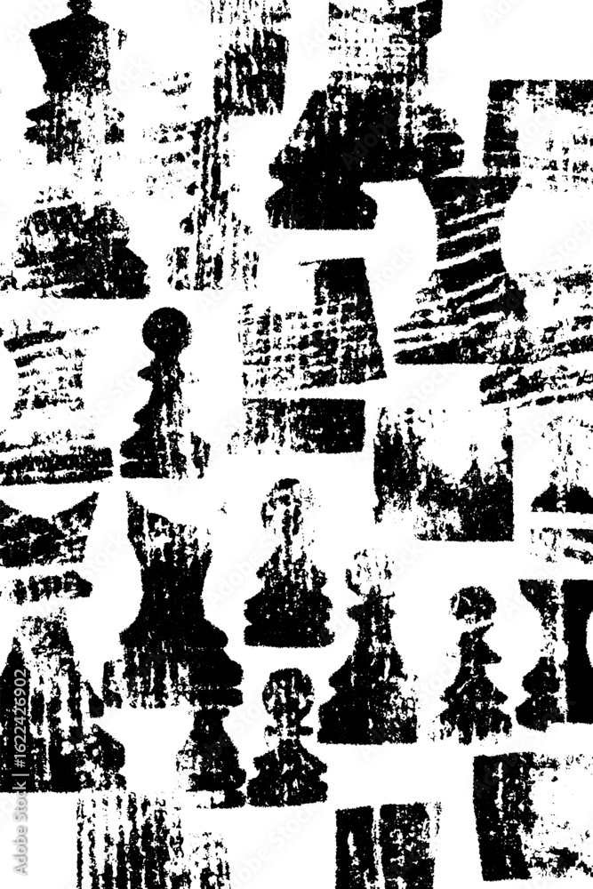 Fototapeta premium Surreal black and white chessboard pattern with warped grunge effect for creative design