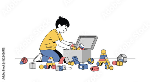 A young child playing with building blocks and toys in a brightly lit room