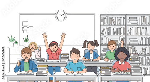 Enthusiastic students raising hands in a bright classroom environment with bookshelves and a clock displaying the time