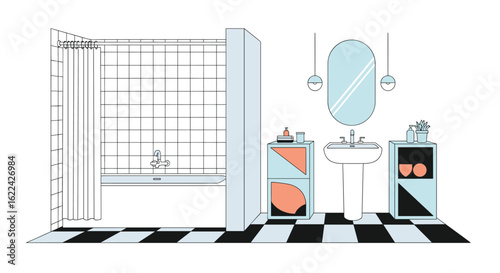 A modern minimalist bathroom design featuring a checkerboard floor and stylish storage cabinets