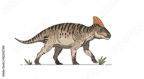 Ancient ornithopod dinosaur with distinctive cranial crest roaming a prehistoric meadow