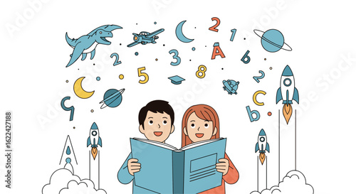 Children enjoying a book together exploring imagination and learning about the universe and numbers