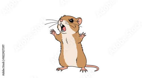 An adorable small rodent with its mouth wide open and paws raised in a lively expressive gesture