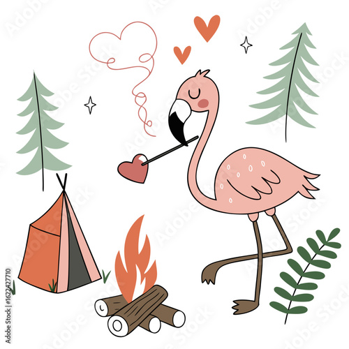 Campfire Glow themed SVG: Bashful Flamingo with holding a heart in a Camping trip environment