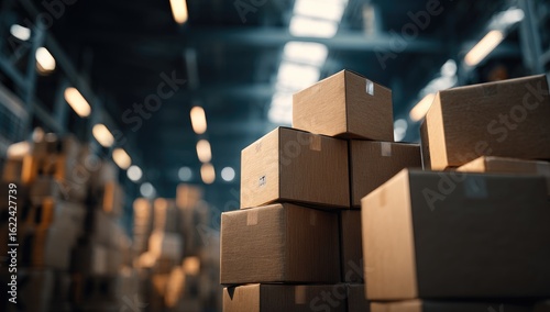 Stacked cardboard boxes in a warehouse