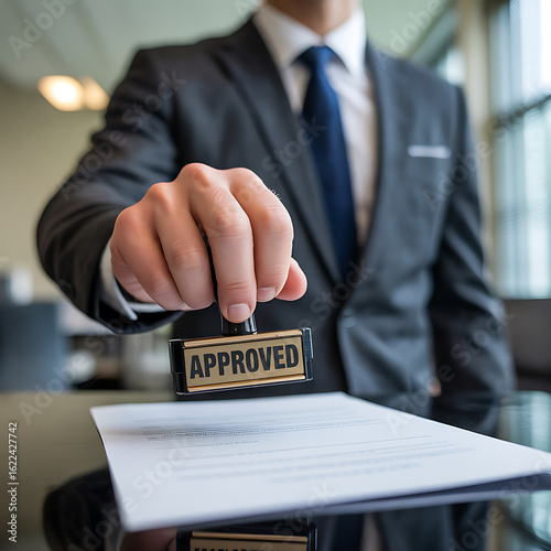 Businessperson stamping document with approved seal