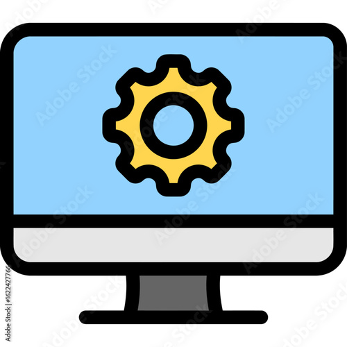 A flat icon of a computer monitor displaying a large yellow gear, symbolizing system settings, configuration, or maintenance.