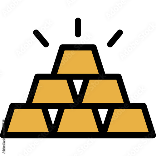 A stylized icon of a pyramid stack of shining gold bars.