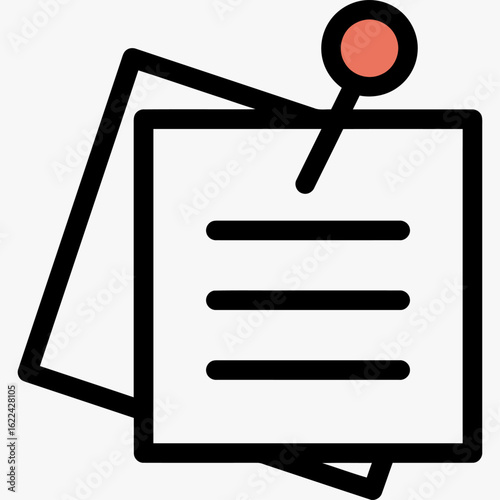 A simple, clean illustration of a square piece of paper with horizontal lines, pinned to an unseen surface by a red thumbtack.