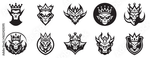 Ferocious Alien Wearing Crown logo illustration set collection representing powerful extraterrestrial royalty with an aggressive edge suitable for sci fi games comic series and bold branding projects