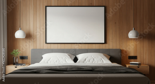 Minimalist bedroom interior with wooden wall panel, modern bed with gray headboard, large blank wall art, sleek side tables, hanging pendant lights, contemporary decor, cozy sleeping space