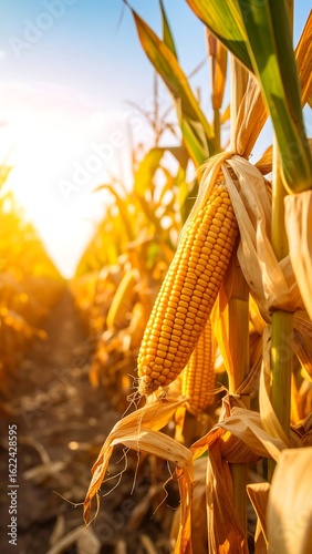 Ripe corn on the stalk in a sun-drenched field