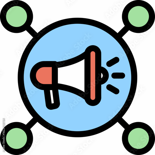 A stylized icon depicts a megaphone within a network, representing communication and outreach.