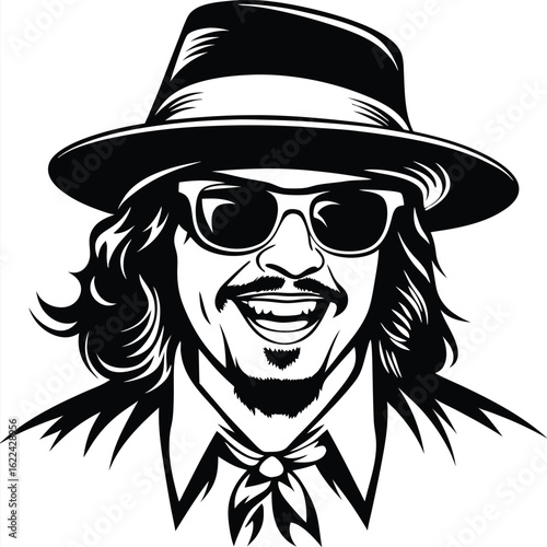 Smiling man in hat and sunglasses with long hair and knotted neckerchief looks happy