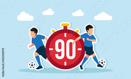 two football players playing near a stopwatch showing ninety illustration of winning a football competition and league championship