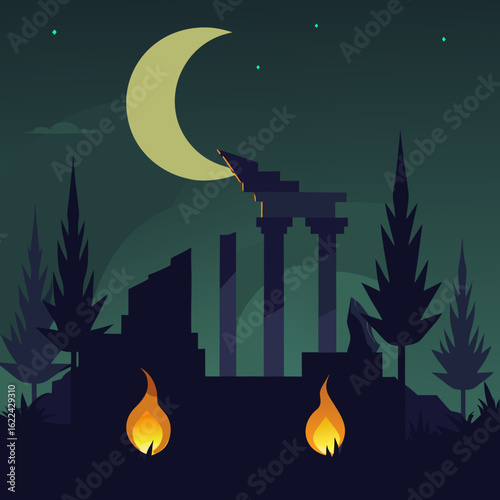 Ancient ruins under a crescent moon with campfires