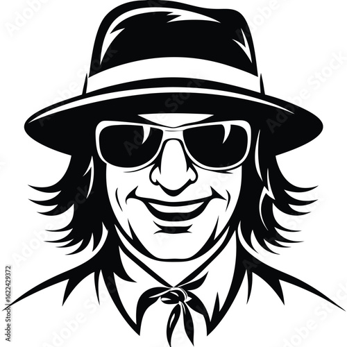 Smiling man with long hair wears a hat and dark sunglasses in a monochrome drawing