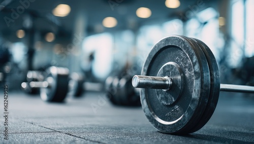 Close-up of barbell and weights in a gym