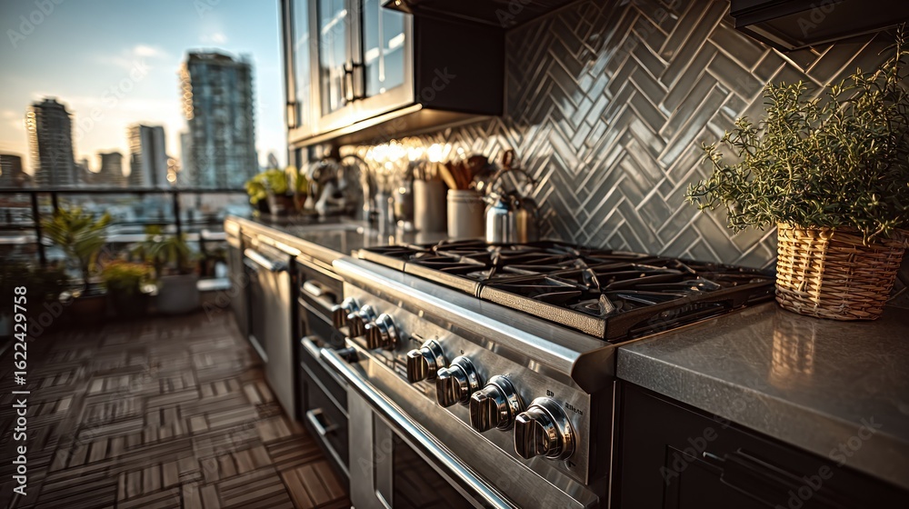 Obraz premium Rooftop kitchen with city view. Modern outdoor cooking appliances and cabinetry are in focus. Natural light illuminates the space