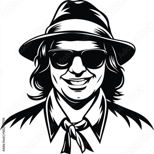 Smiling man wearing a hat and sunglasses in monochrome art exudes vintage charm
