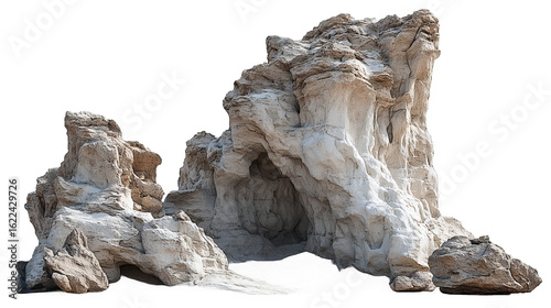 A natural stone formation with a cave structure, featuring a rough and uneven surface, typical of outdoor geological landscapes.
