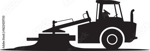 Stylized black silhouette icon of a heavy asphalt paver machine with a screed shown in profile