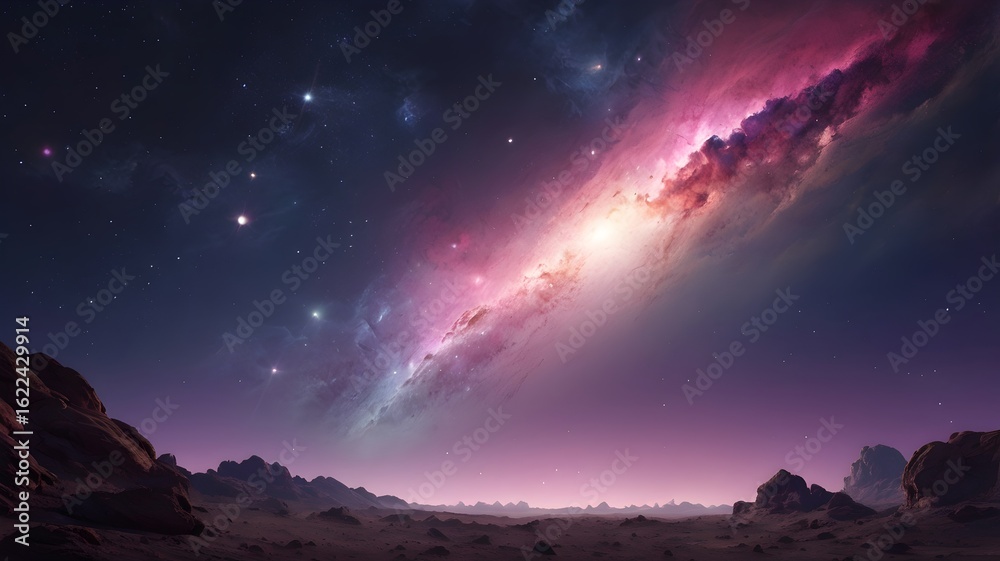 Fototapeta premium Glowing space galaxy with bright stars and nebula dust in deep cosmic scene, futuristic space background