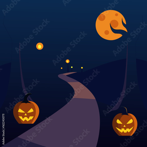 Spooky halloween night with jack o lanterns and a winding path