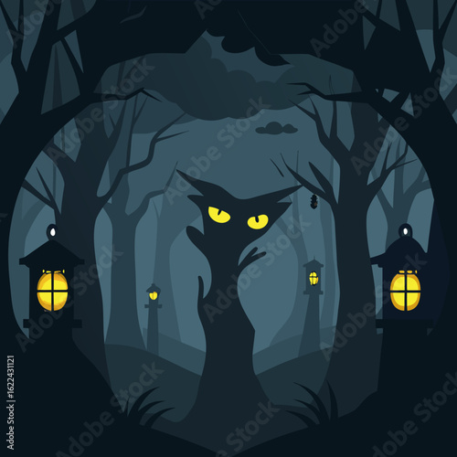 Spooky black cat in a dark forest with lanterns