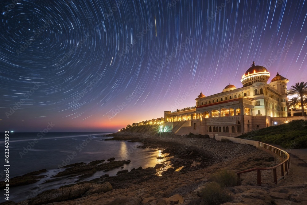 Fototapeta premium Star Trails Over Coastal Palace