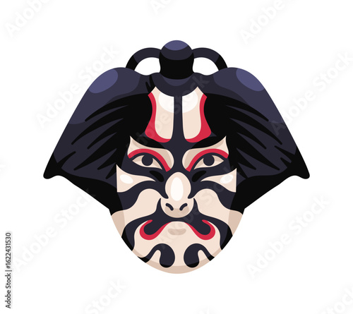 Japanese kabuki mask with angry makeup face. East Asian theatre masque of ancient samurai. Traditional ornamented disguise of Japan culture. Flat isolated vector illustration on white background