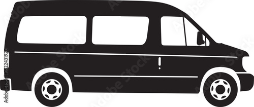 Simple black silhouette of a passenger minibus van side profile view with multiple windows