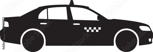 Black silhouette of a modern taxi sedan with a roof sign and checkerboard pattern side view icon